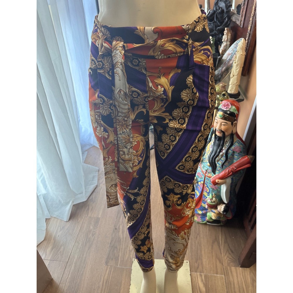 UNBRANDED Baroque Print High Waisted Trousers with Tie Belt Multicolor Small